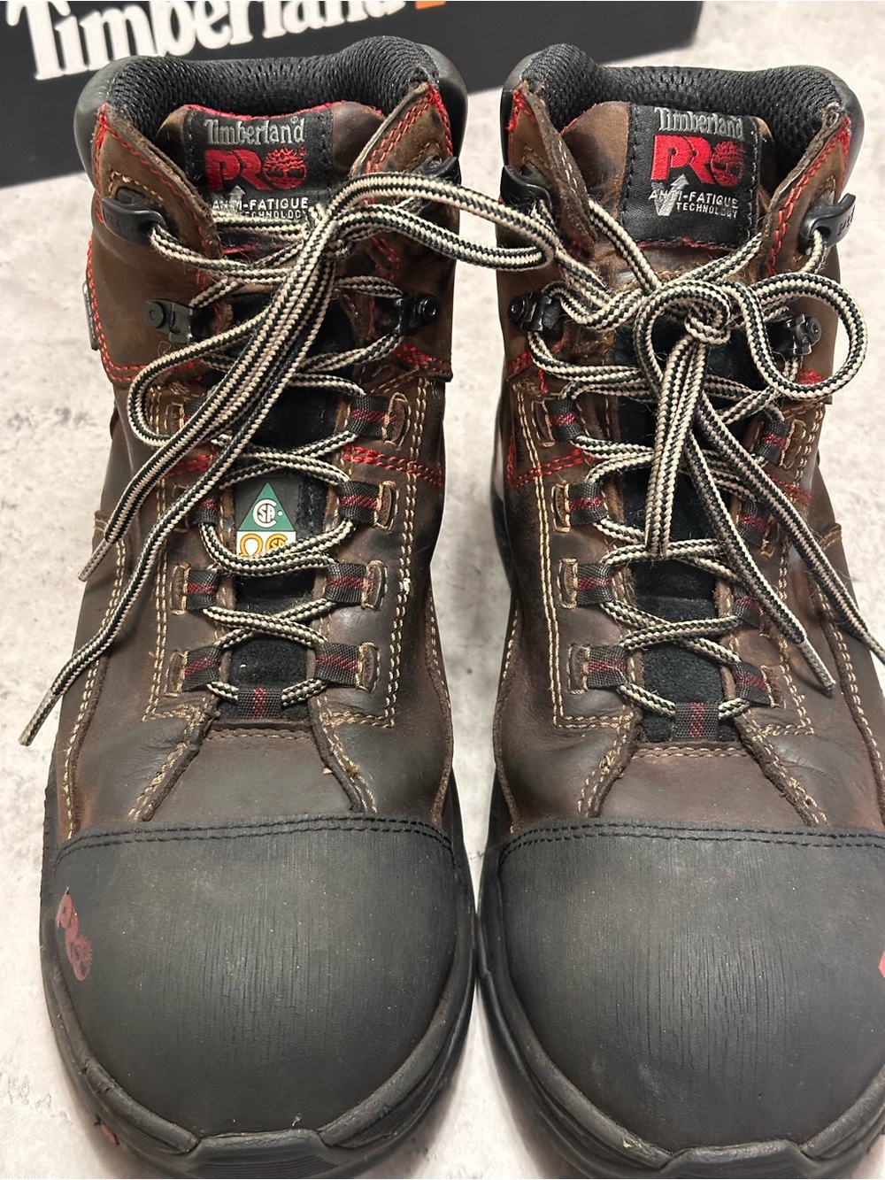 Timberland PRO Men's Brown Leather Work Boots with Black Toe and Red Accents - Picture 2 of 6